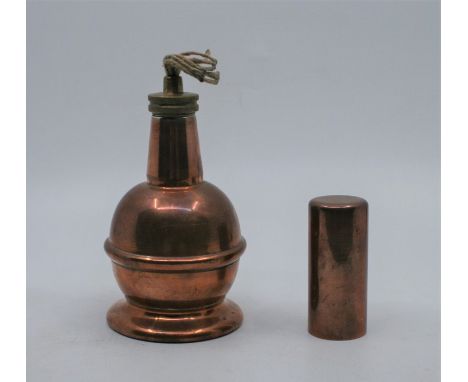 A copper oil lamp in baluster shape made for the GPO by Bladon of Birmingham, 1955, with relatively unused wick and copper co