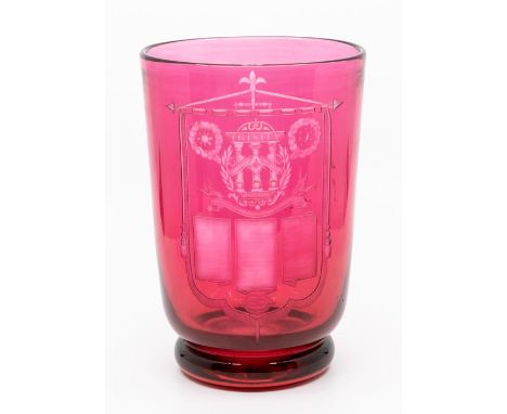 Masonic Interest, a ruby glass cylinder vase commemorating Trinity Lodge No.5179, found 1930, engraved with the Lodge banner 