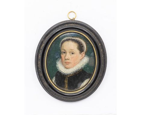 English school, an oval portrait miniature of a lady, shoulder length in 16th century dress, 6.5cm x 5cm (9cm x 8cm with fram