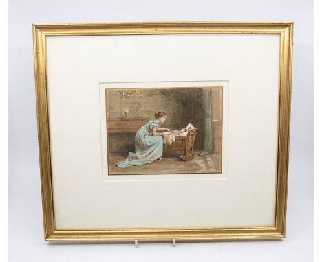 KILBURNE, George Goodwin R.I. (British 1839-1929), Tending the cradle, a portrait of a lady wearing turquoise dress tending t