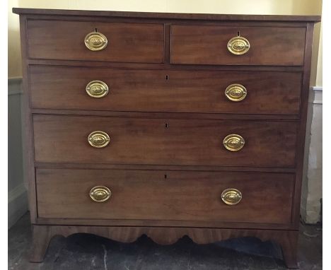 A late 18th century George III mahogany chest of drawers, square top over two short and three long graduated cockbeaded drawe