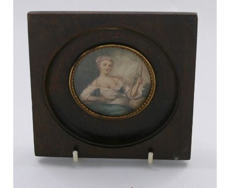 A portrait miniature of a lady in 18th dress holding a bow and arrow, circle, 6cm diam (with frame 12cm square)