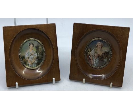 A pair of portrait miniatures after Greuze "La Laitiere" and "La Cruche Cassee"&nbsp; image 6cm, frame 12.5cm (2)