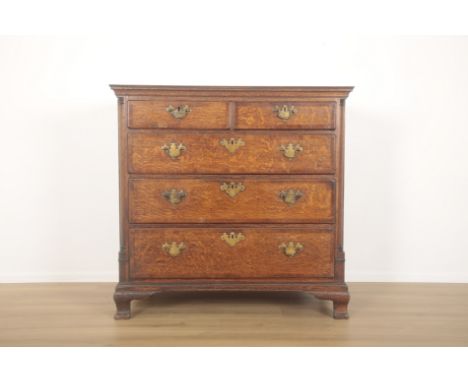 A GEORGE III OAK CHEST OF DRAWERS&nbsp;probably Lancashire, with two short drawers above three long, pilasters to the sides a