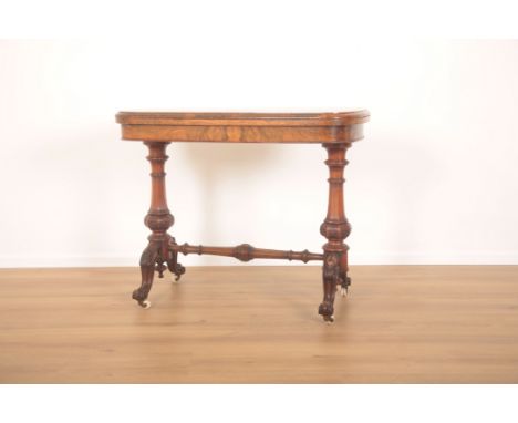 A VICTORIAN MARQUETRY INLAID BURR WALNUT CARD TABLElate 19th century, new red baize interior, with octagonal turned supports 