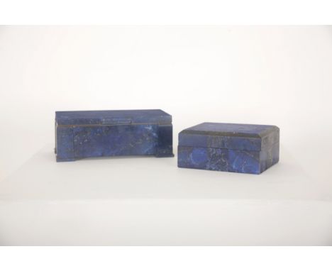 TWO LAPIS LAZULI HINGED TRINKET OR CIGARETTE BOXES mid-20th century, the first hallmarked London, 1927, with centred quartere