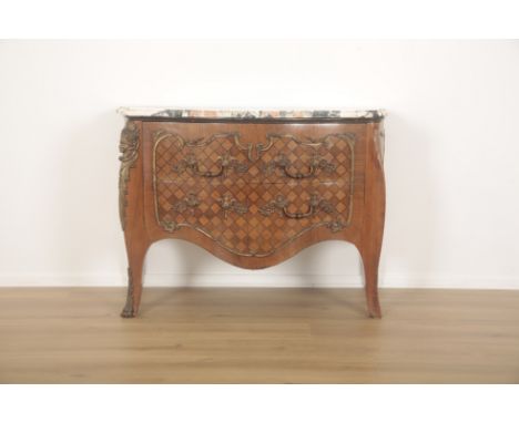 A FRENCH BOMBE COMMODE IN LOUIS XV STYLE19th century, of bombe outline with marble top, two front drawers, with parquetry inl