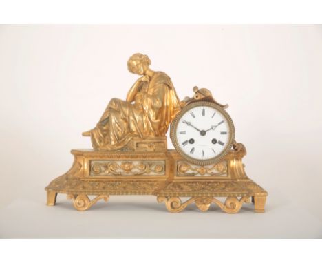A FRENCH ORMOLU MANTEL CLOCK OF A SEATED CLASSICAL GODDESSmid-19th century, the goddess holding a globe, 'VIEYRES & REPINGON'