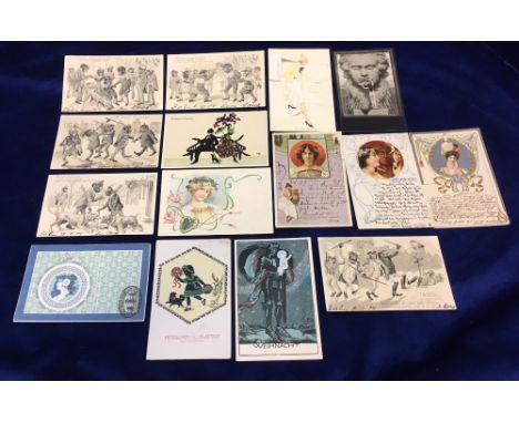 Postcards, German, early assortment , Art Nouveau Advert (1), plus 4 others (w.t.f), coloured signed silhouettes (3), anthrop