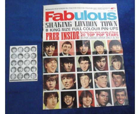 Trade issue, Fabulous, Top Pop Stars, 1964, giveaway sheet of 20 locket size stick on pictures including Rolling Stones, Beat