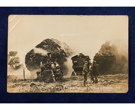 Postcard, RP, showing Haystack fire with steam engine and tractor to front together with farm workers , note to back suggests