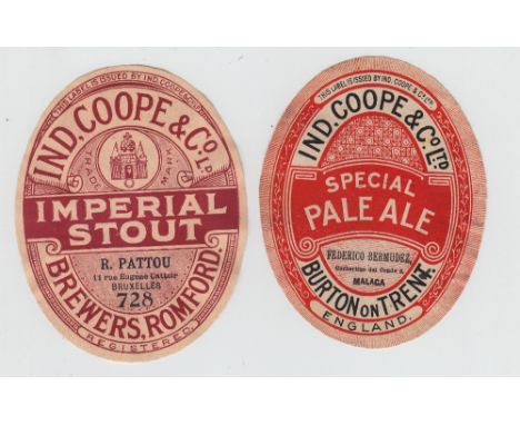 Beer labels, Ind Coope & Co, Imperial Stout v.o for R Pattou, Bruxelles 728 & Special Pale Ale, F Bermudez, Malaga, (soaked f
