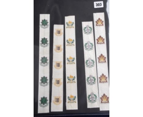 Tobacco silks, L. Youdell collection, Anstie, Regimental Badges, five uncut ribbons, each with five badges in a row, Cheshire
