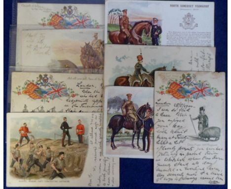 Postcards, a small selection of 9 Military art cards including 4 Boer War, History & Tradition 'Berks Yeomanry' and 'N Somers