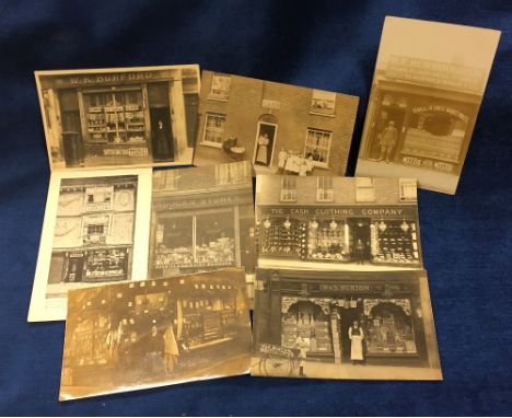 Postcards, Shopfronts, a selection of 8, (7 RP's and 1 printed) including Butterfields Pawnbrokers Southwark, (RP), W & S Bur
