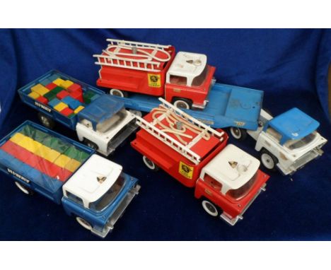 Toys, Tri-ang Hi-Way Series Vehicles, Fire Tender (2), Brick Lorry (2) and Tractor Unit and Trailer from Span Trak, F-VG, dus