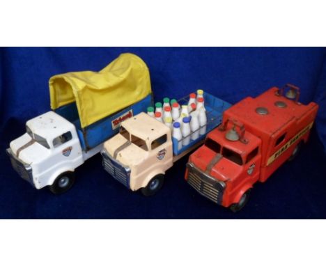 Toys, Tri-ang Junior Diesel Series, Farm Lorry, Fire Engine and Milk Lorry with part of milk bottle load, condition P-F (3) 