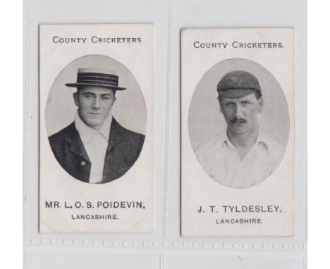 Cigarette cards, Taddy, County Cricketers, Lancashire, two cards, Mr L.O.S. Poidevin & J.T. Tyldesley (gd) (2)