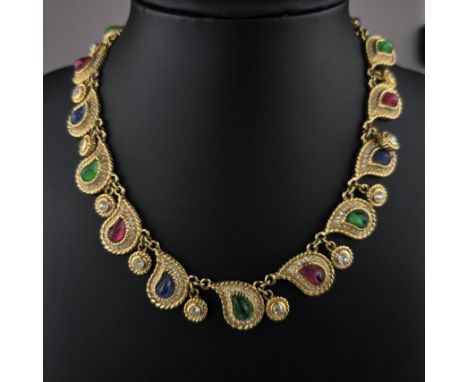 Vintage-Collier im orientalischen Stil DIOR - Christian Dior, Metall goldfarben, 15 Paisley-Elemente mit smaragdgrünen, saphi