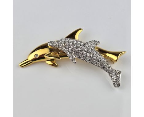 Vintage-Brosche - Swarovski, vergoldetes Metall mit transparentem Strassbesatz, Delfinkuh mit Kalb, gemarkt mit Schwanenpunze