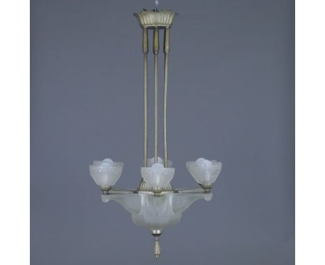 Art Déco-Deckenlampe - Hettier &amp;amp; Vincent, Frankreich, um 1920/30, reliefiertes Metallgestell, farbloses Milchglas, ze