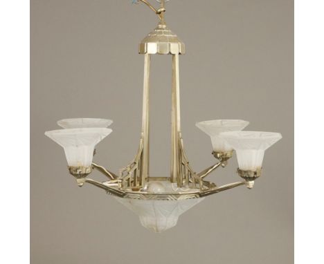 Art Déco-Deckenlampe - Muller Frères, Frankreich, um 1920/30, 5-flammig, Metallgestell, zentral eingelassene Schale sowie vie