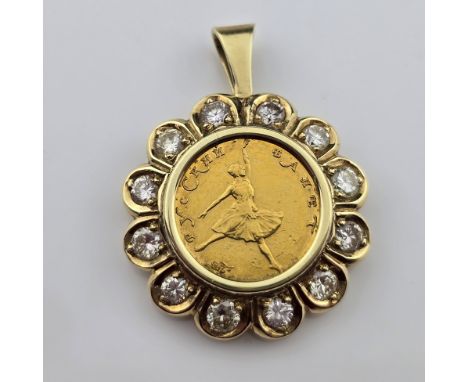 Münzanhänger mit Brillanten - blütenförmige Fassung Gelbgold 585/000 (14 K), gestempelt, eingefasste Goldmünze „Ballerina“, G