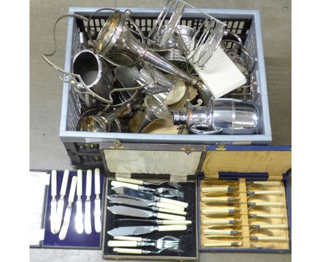 A plated epergne, brass easel, brass double photograph frame, chrome flask, etc. **PLEASE NOTE THIS LOT IS NOT ELIGIBLE FOR P