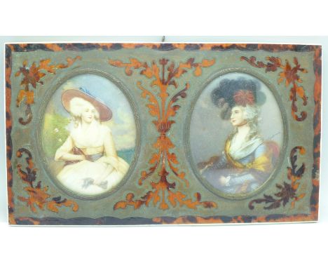 Two portrait miniatures with faux tortoiseshell boulle style frame 
