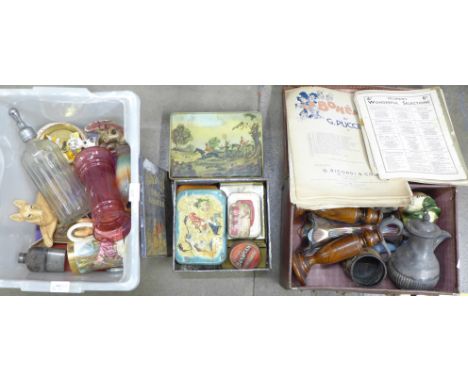 A pair of wooden candlesticks, soda syphon, vintage tins, hip flask, pewter, etc. **PLEASE NOTE THIS LOT IS NOT ELIGIBLE FOR 