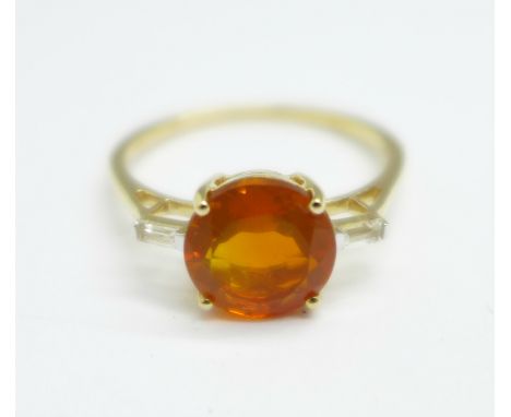 A 9ct gold, orange American fire opal and white zircon ring, with certificate, 2.5g, U 