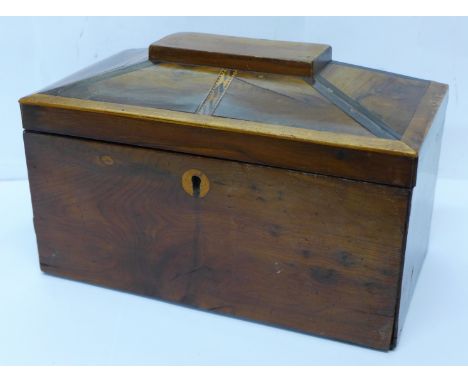 A 19th Century yew wood two compartment tea caddy, internal lids a/f, 23cm 