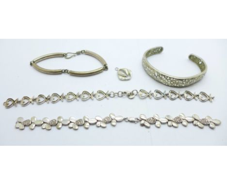 Three silver bracelets and a silver bangle, two bracelets a/f, 48g 