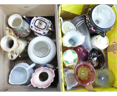 Two heavy studio glass vases, decorative vases, jugs, Imari teapot, etc. **PLEASE NOTE THIS LOT IS NOT ELIGIBLE FOR POSTING A