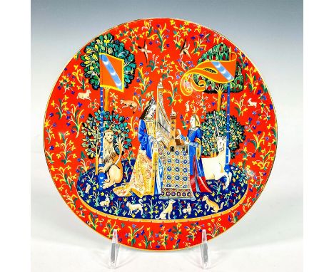 Porcelain collector's item depicting Elizabethan ladies surrounded by mythic beasts and animals. This item has its original b