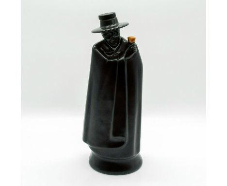 Black glazed ceramic; depicting the Sandeman mascot; originally filled with Sandeman Armada Cream.Wedgwood backstamp. Sticker