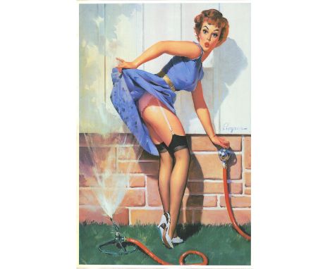Vintage print of pinup girl lifting up her skirt while getting wet by sprinkler water. Artist: Gil ElvgrenDimensions: 21"L x 