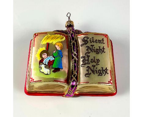Depicts open Bible with nativity scene and states "Silent Night, Holy Night.â€™ Part of the Polonaise Collection. Hand-blown 