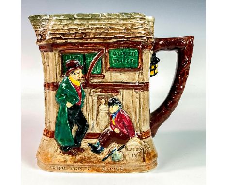 Glazed porcelain pitcher embossed with scenes from the novel Oliver Twist with quote depicting each scene at the bottom of pi