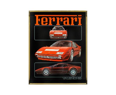 Original Vintage Fine Art Print depicting red Ferrari from various sides. Measures 20" x 16" including frame. Condition: Age 