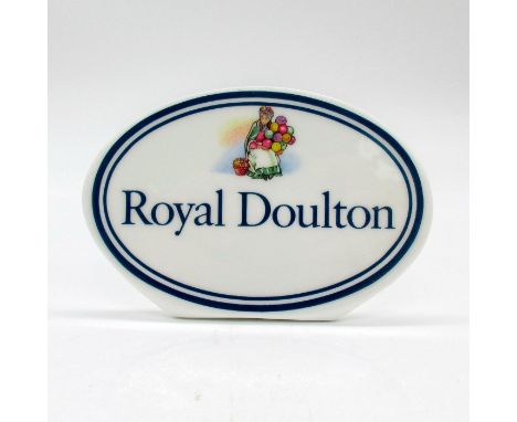 Bone china dealer plaque with navy blue banding and full color transfer design depicting the Old Balloon Seller.Royal Doulton