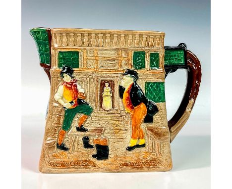 Glazed porcelain pitcher embossed with various characters from the novel The Pickwick Papers. Royal Doulton backstamp. Issued