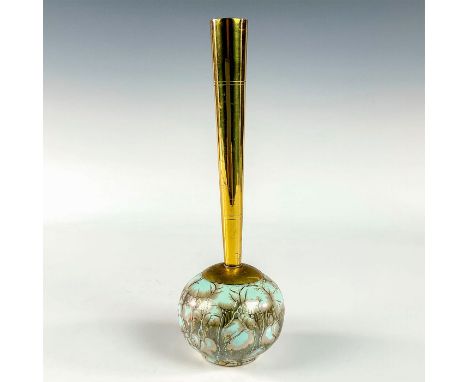 Turquoise with lustre finish and branch patterning. Round body. Narrow brass spout.Hand Painted Delft Holland on bottom. This