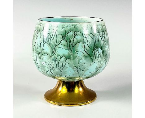 Turquoise toned with lustre finish &amp; branch patterning. Gold toned rim around piece.Hand Painted, goblet shaped. Made In 