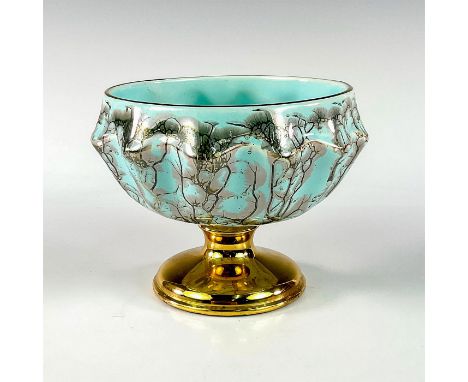 Turquoise toned with lustre finish &amp; branch patterning. Gold toned rim around piece.Hand Painted with raised relief geome