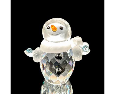 Part of the Cheerful Times collection. Lead crystal mini snowman with frosted face, scarf, and hands. Swarovski etched backst