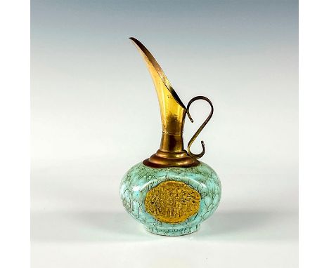 Turquoise toned with lustre finish &amp; branch patterning. With handle.Decorative metal design depicting Dutch scene. Made I
