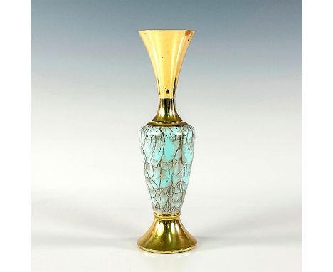 Turquoise toned with lustre finish &amp; branch patterning. Brass upper portion and base.Faded Delft Holland on bottom of pie