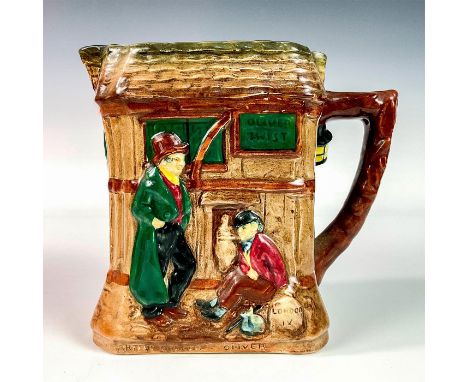 Glazed porcelain pitcher embossed with scenes from the novel Oliver Twist with quote depicting each scene at the bottom of pi