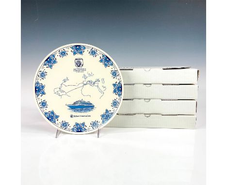 Four ceramic plates with blue and white image of a Holland America cruise ship, their sailing route and floral decoration alo